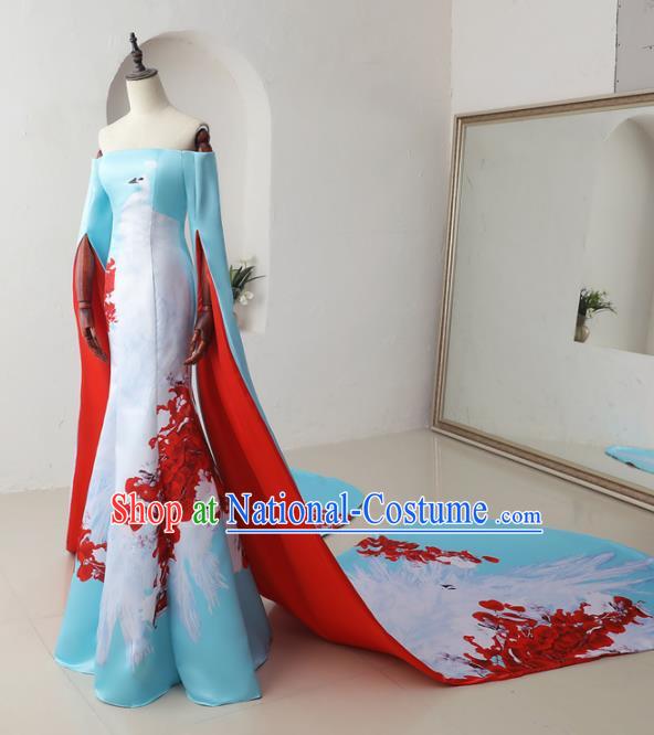 Chinese Classical Catwalks Costumes Traditional Printing Crane Cheongsam Trailing Full Dress for Women