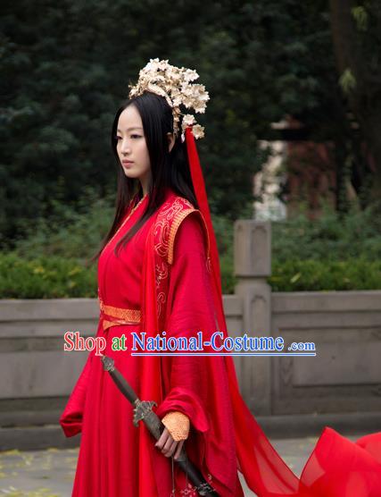 Chinese Traditional Wedding Costumes Ancient Swordswoman Bride Embroidered Hanfu Dress and Headpiece for Women