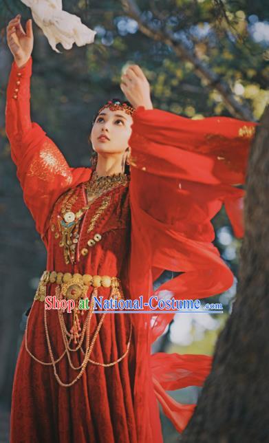 Chinese Traditional Loulan Princess Red Dress Ancient Swordswoman Embroidered Costumes and Headpiece for Women