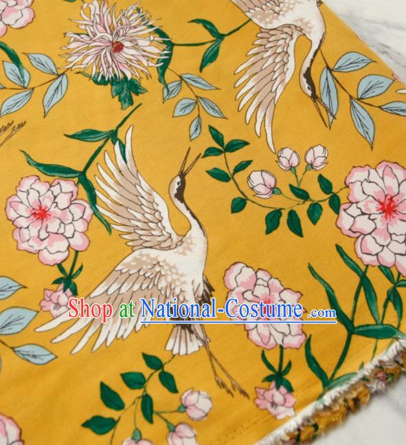 Asian Japanese Traditional Kimono Yellow Brocade Fabric Silk Material Classical Cranes Pattern Design Drapery