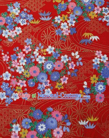 Asian Japanese Traditional Kimono Red Brocade Fabric Silk Material Classical Flowers Pattern Design Drapery