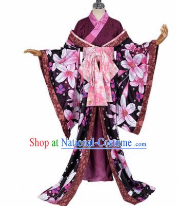 Japanese Traditional Courtesan Purple Furisode Kimono Costumes Ancient Cosplay Geisha Yukata Clothing for Women