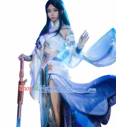 Top Grade Chinese Cosplay Fairy Princess Costumes Halloween Cartoon Characters Blue Dress for Women