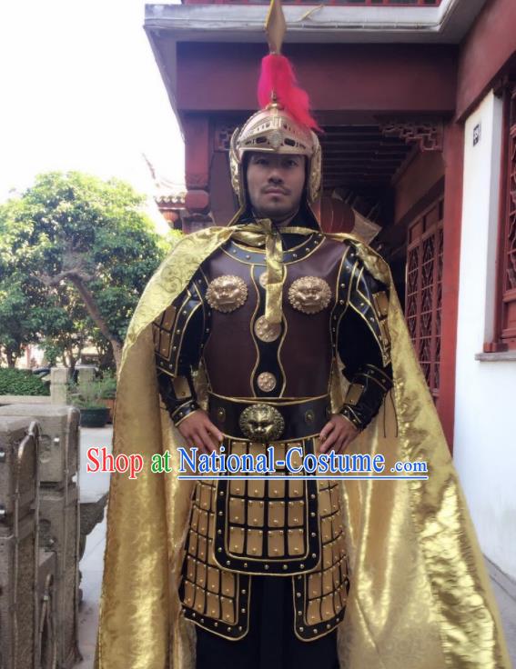 Chinese Traditional Qin Dynasty General Costumes Ancient Warrior Helmet and Body Armour for Men