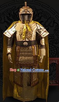 Chinese Traditional Qin Dynasty General Costumes Ancient Warrior Golden Helmet and Body Armour for Men