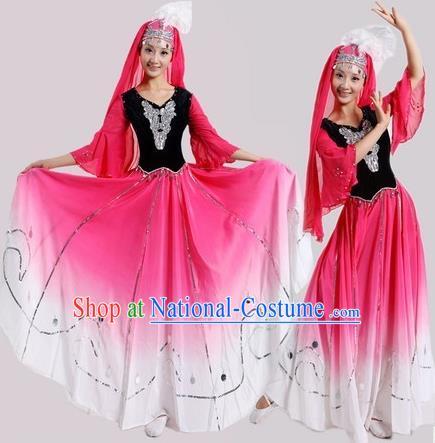 Chinese Traditional Uyghur Nationality Dance Costumes Uigurian Folk Dance Pink Dress for Women