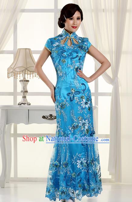 Chinese Traditional Costumes Tang Suit Cheongsam Blue Qipao Dress for Women