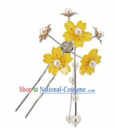 Japanese Traditional Kimono Hair Accessories Ancient Yukata Yellow Cherry Blossom Tassel Hairpins for Women