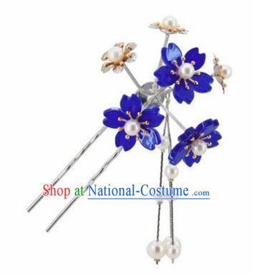 Japanese Traditional Kimono Hair Accessories Ancient Yukata Deep Blue Cherry Blossom Tassel Hairpins for Women