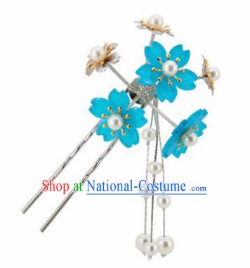 Japanese Traditional Kimono Hair Accessories Ancient Yukata Blue Cherry Blossom Tassel Hairpins for Women