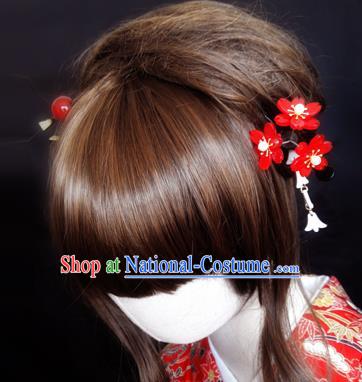 Japanese Traditional Courtesan Red Flowers Hairpins Ancient Geisha Kimono Hair Accessories for Women