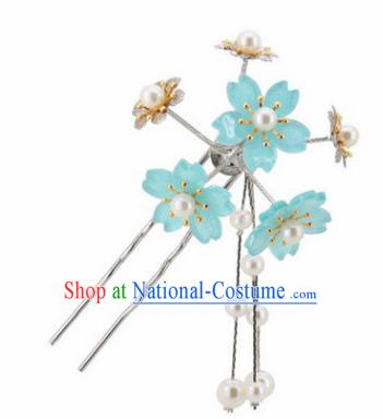 Japanese Traditional Kimono Hair Accessories Ancient Yukata Light Blue Cherry Blossom Tassel Hairpins for Women