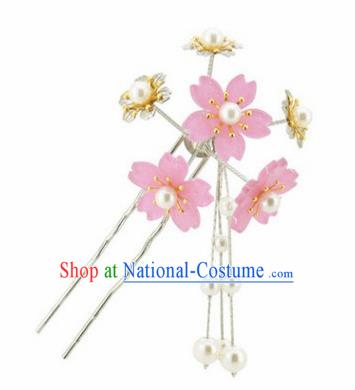 Japanese Traditional Kimono Hair Accessories Ancient Yukata Light Pink Cherry Blossom Tassel Hairpins for Women