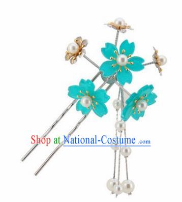 Japanese Traditional Kimono Hair Accessories Ancient Yukata Lake Blue Cherry Blossom Tassel Hairpins for Women