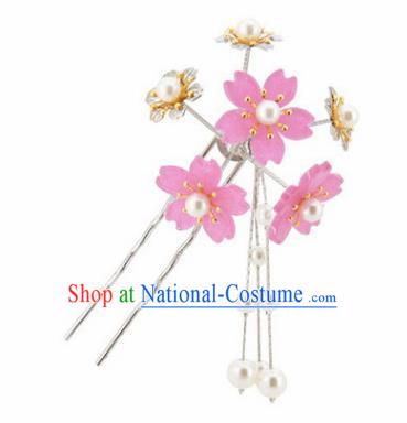 Japanese Traditional Kimono Hair Accessories Ancient Yukata Pink Cherry Blossom Tassel Hairpins for Women