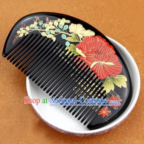 Japanese Traditional Courtesan Kimono Peony Black Hair Comb Ancient Geisha Hair Accessories for Women