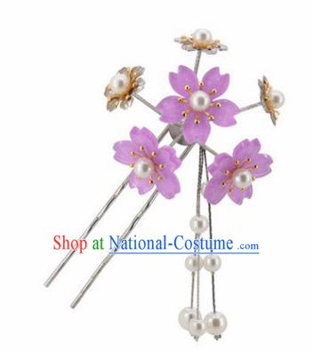 Japanese Traditional Kimono Hair Accessories Ancient Yukata Lilac Cherry Blossom Tassel Hairpins for Women