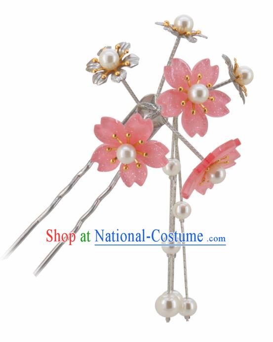 Japanese Traditional Kimono Hair Accessories Ancient Yukata Pink Cherry Blossom Tassel Hairpins for Women