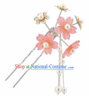 Japanese Traditional Kimono Hair Accessories Ancient Yukata Light Pink Cherry Blossom Tassel Hairpins for Women