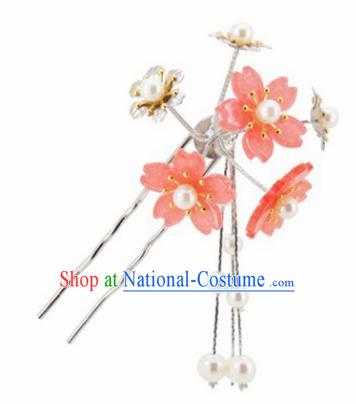 Japanese Traditional Kimono Hair Accessories Ancient Yukata Orange Cherry Blossom Tassel Hairpins for Women