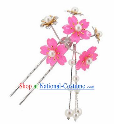 Japanese Traditional Kimono Hair Accessories Ancient Yukata Rosy Cherry Blossom Tassel Hairpins for Women