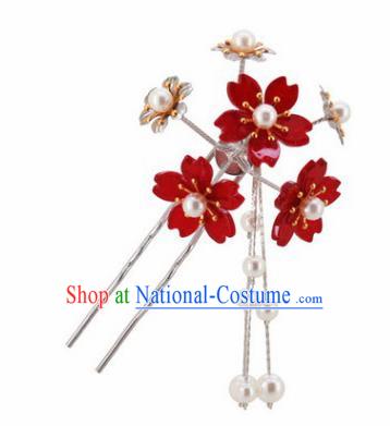 Japanese Traditional Kimono Hair Accessories Ancient Yukata Dark Red Cherry Blossom Tassel Hairpins for Women