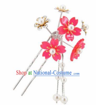 Japanese Traditional Kimono Hair Accessories Ancient Yukata Peach Pink Cherry Blossom Tassel Hairpins for Women