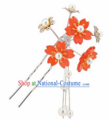 Japanese Traditional Kimono Hair Accessories Ancient Yukata Red Cherry Blossom Tassel Hairpins for Women