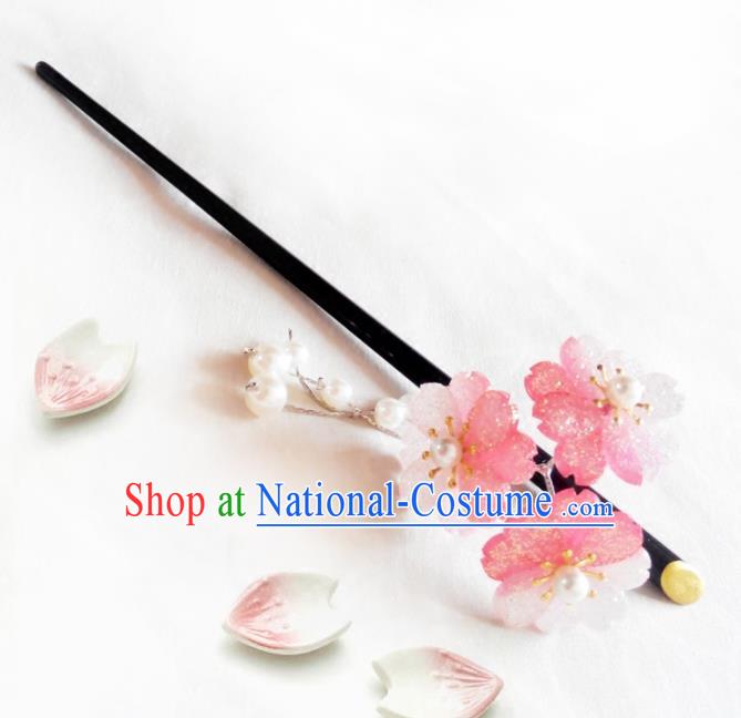 Japanese Traditional Hair Accessories Ancient Courtesan Kimono Pink Cherry Blossom Hairpins for Women