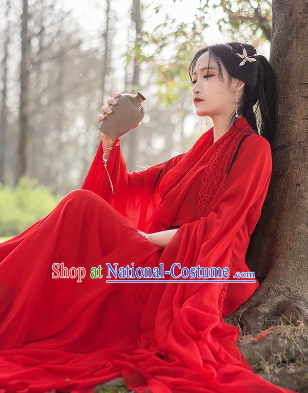 Chinese Traditional Ancient Princess Embroidered Costumes Cosplay Female Assassin Red Hanfu Dress for Women