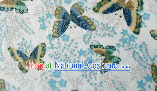 Asian Japanese Traditional Kimono Brocade Fabric Silk Material Classical Blue Butterfly Pattern Design Drapery