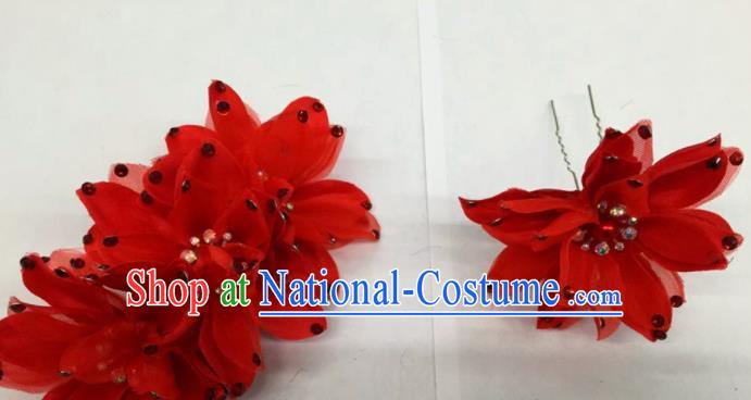 Chinese Traditional Beijing Opera Red Flowers Hairpins Ancient Peri Hair Accessories for Women