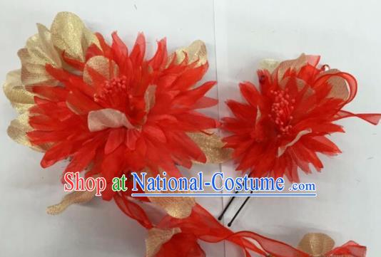 Chinese Traditional Beijing Opera Red Silk Flowers Hairpins Ancient Peri Hair Accessories for Women