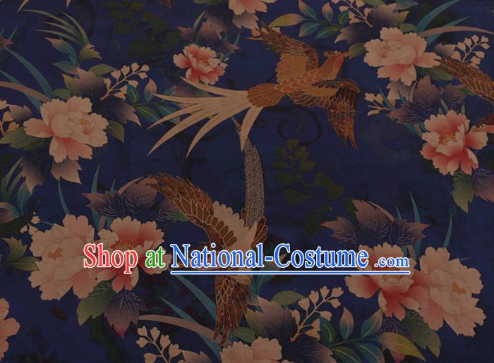 Chinese Traditional Cheongsam Silk Fabric Palace Phoenix Peony Pattern Blue Satin Plain Gambiered Guangdong Gauze