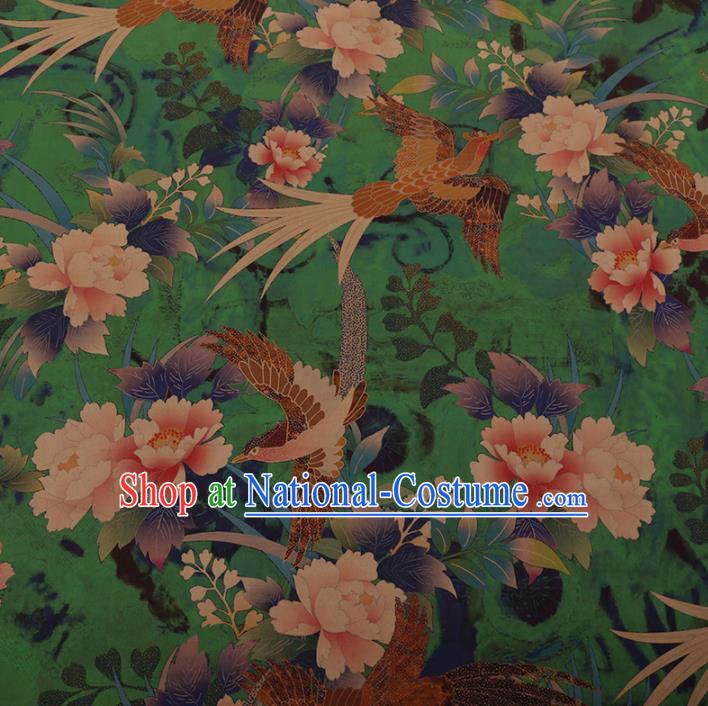 Chinese Traditional Cheongsam Silk Fabric Palace Phoenix Peony Pattern Green Satin Plain Gambiered Guangdong Gauze