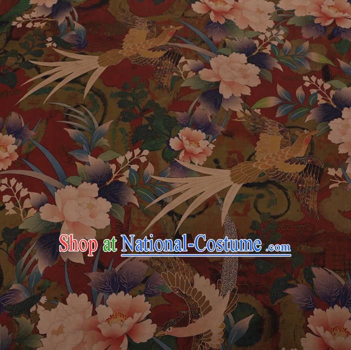 Chinese Traditional Cheongsam Silk Fabric Palace Phoenix Peony Pattern Dark Red Satin Plain Gambiered Guangdong Gauze