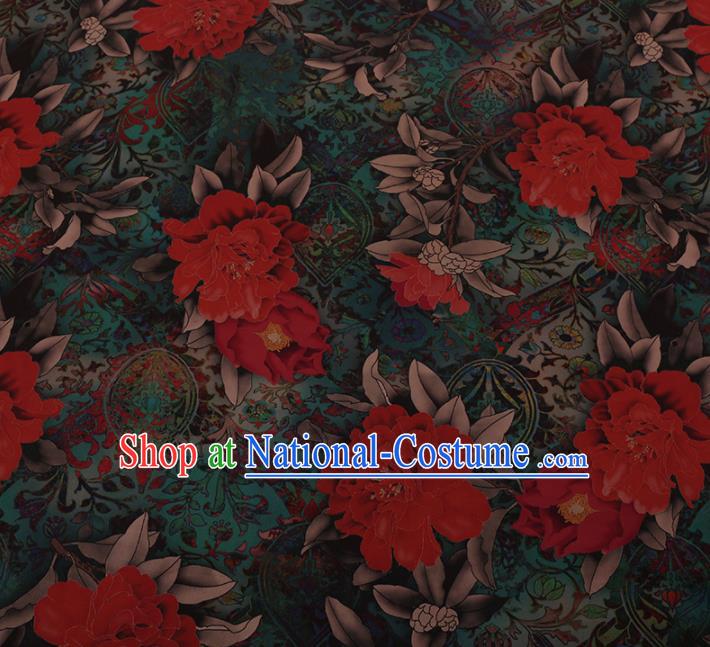 Chinese Traditional Cheongsam Silk Fabric Palace Peony Pattern Green Satin Plain Gambiered Guangdong Gauze