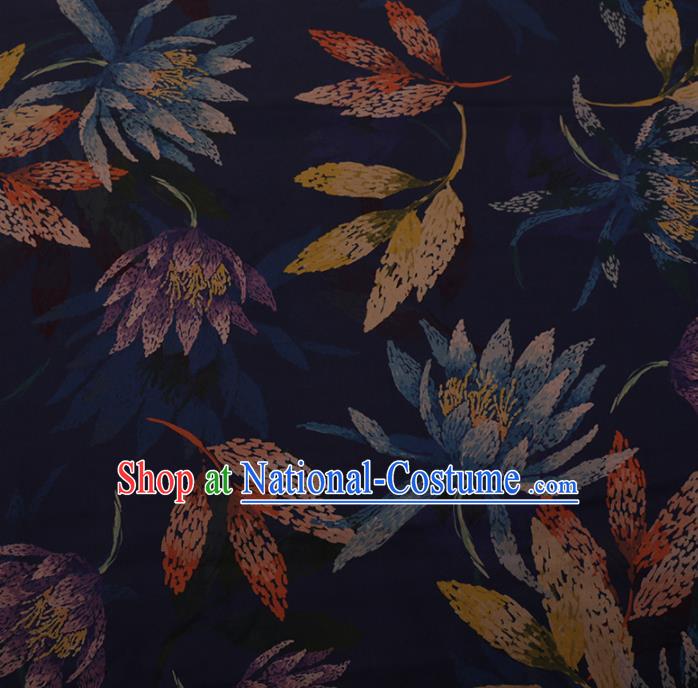 Chinese Traditional Cheongsam Silk Fabric Palace Flowers Pattern Navy Satin Plain Gambiered Guangdong Gauze