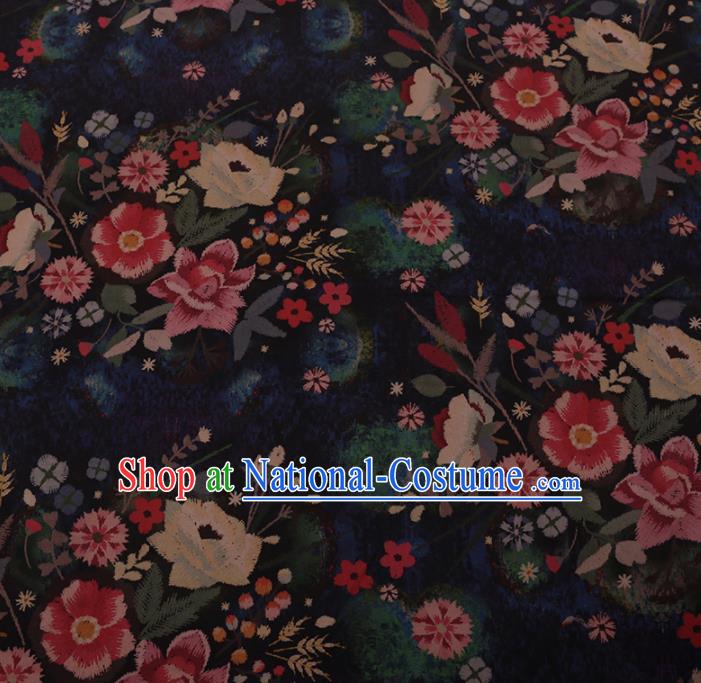 Chinese Traditional Cheongsam Silk Fabric Palace Flowers Pattern Black Satin Plain Gambiered Guangdong Gauze