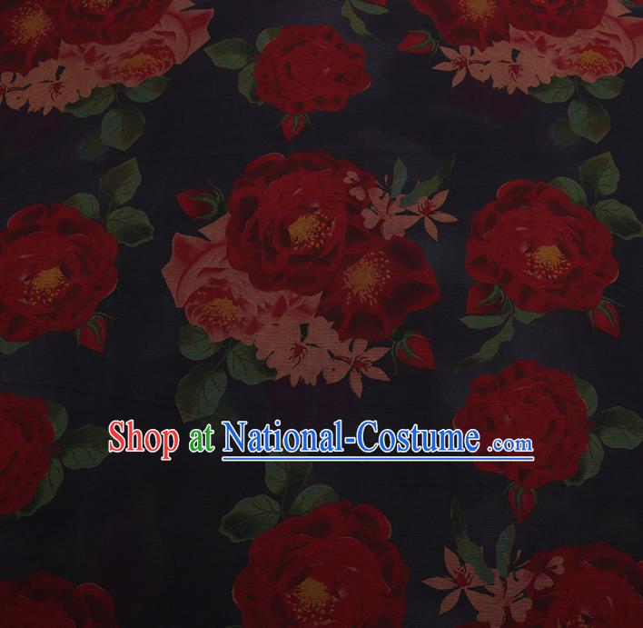 Chinese Traditional Cheongsam Silk Fabric Palace Peony Pattern Navy Satin Plain Gambiered Guangdong Gauze