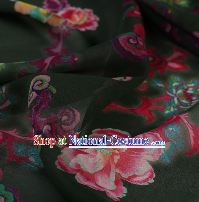 Chinese Traditional Cheongsam Olive Green Crepe Satin Plain Palace Peony Pattern Gambiered Guangdong Gauze Silk Fabric