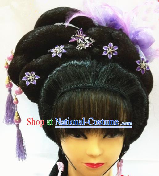 Chinese Traditional Beijing Opera Hair Accessories Ancient Princess Wig Sheath and Purple Feather Hairpins for Women