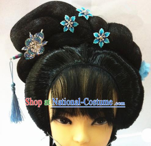 Chinese Traditional Beijing Opera Actress Hair Accessories Ancient Princess Wigs Sheath and Blue Hairpins for Women