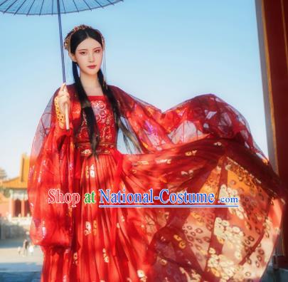 Chinese Ancient Peri Fairy Costumes Traditional Tang Dynasty Princess Embroidered Red Hanfu Dress for Women