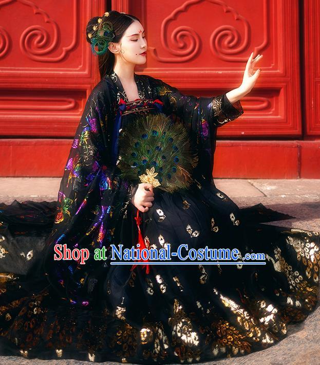 Chinese Ancient Royal Embroidered Costumes Traditional Tang Dynasty Imperial Consort Black Hanfu Dress for Women