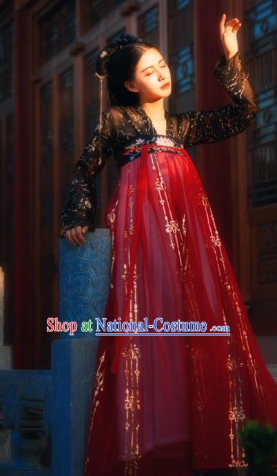 Chinese Ancient Tang Dynasty Royal Princess Embroidered Costumes Red Hanfu Dress for Women