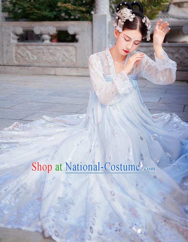 Chinese Tang Dynasty Imperial Consort Royal Embroidered Costumes Ancient Fairy Blue Hanfu Dress for Women