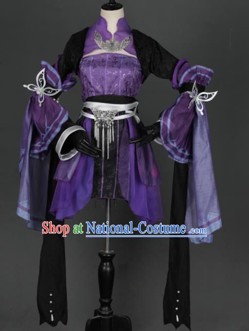 Traditional Chinese Cosplay Female Swordsman Purple Hanfu Dress Ancient Heroine Costume for Women