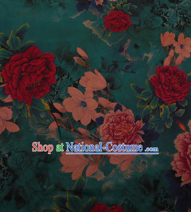 Chinese Traditional Cheongsam Silk Fabric Palace Peony Flowers Pattern Green Satin Plain Gambiered Guangdong Gauze