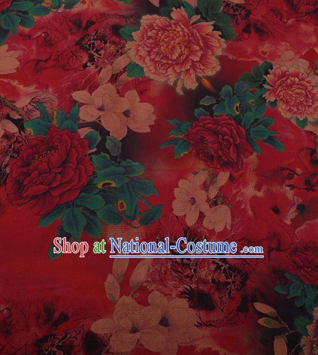 Chinese Traditional Cheongsam Silk Fabric Palace Peony Flowers Pattern Red Satin Plain Gambiered Guangdong Gauze